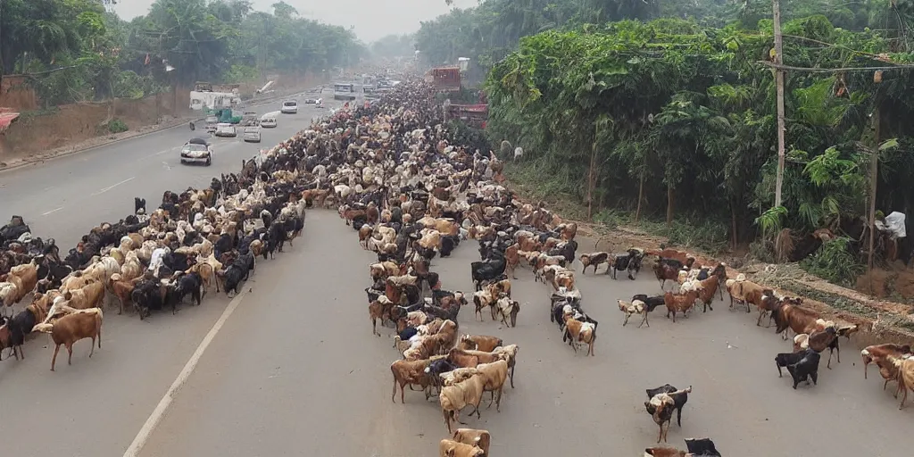 Image similar to traffic in India caused by cows in the middle of the road