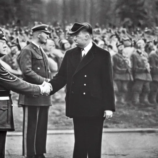 Image similar to donald trump and adolf hitler shaking hands, photography, hyper realism, germany, ww2, 8k,