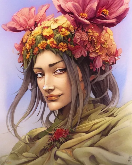 Image similar to flower priestess portrait, jesper ejsing