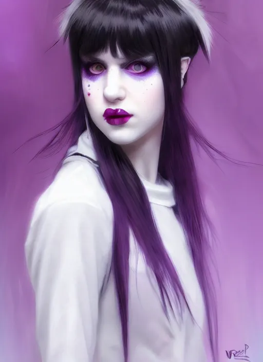 Image similar to portrait of white teenage girl, normal face, white bangs, mall goth, cyberlox, black and white hair, bangs, fluffy bangs, red contact lenses, purple lipstick, intricate, elegant, highly detailed, digital painting, artstation, concept art, sharp focus, smooth, illustration, art by wlop, mars ravelo and greg rutkowski