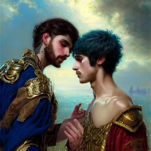 Prompt: attractive fully clothed king confesses his love for his attractive fully clothed male prince. highly detailed painting by gaston bussiere, tom bagshaw 8 k