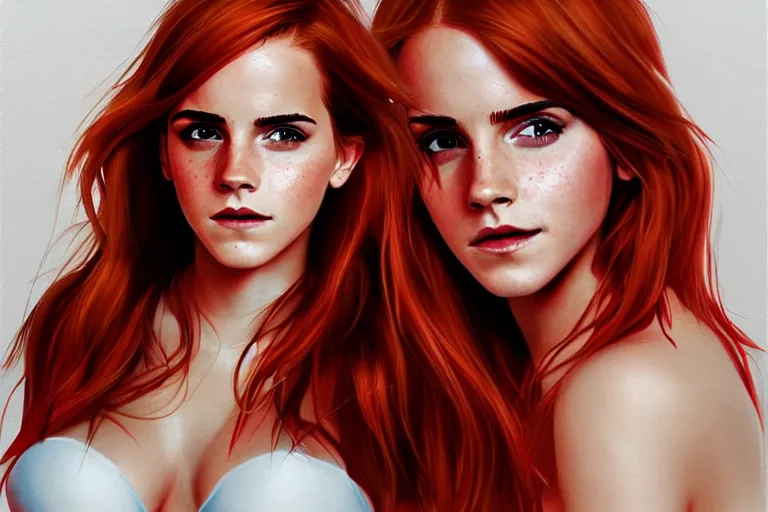 Image similar to Red-haired beauty Emma Watson in a bikini, highly detailed, mid-shot ,pixiv , digital painting , concept art