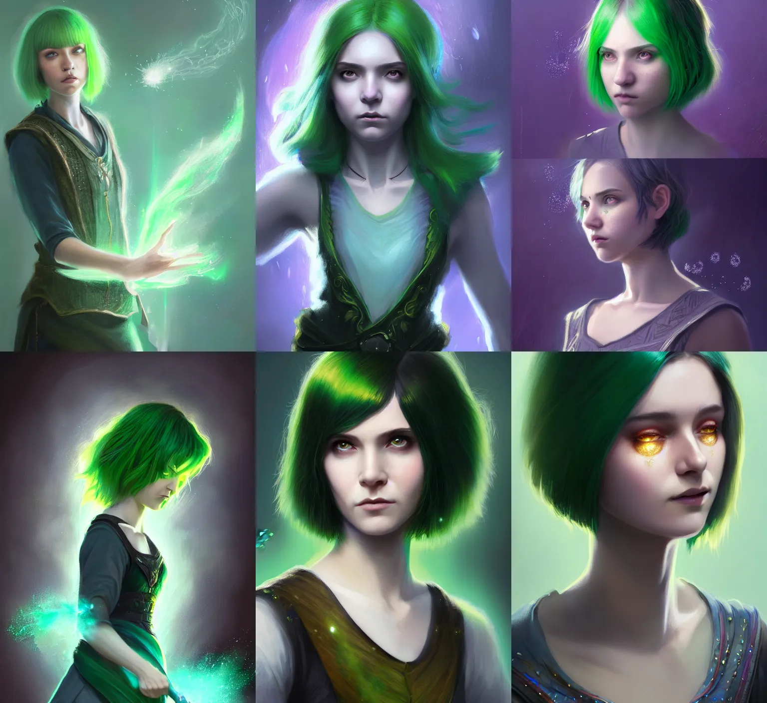 Prompt: Portrait of young female sorcerer, D&D fantasy, her hair is green and styled in a Bob Cut, magic particles flutter in the air, she has a distant expression, and is wearing a shirt and vest, intricate, highly detailed, digital painting, artstation, concept art, sharp focus, illustration, art by greg rutkowski and Ross Tran