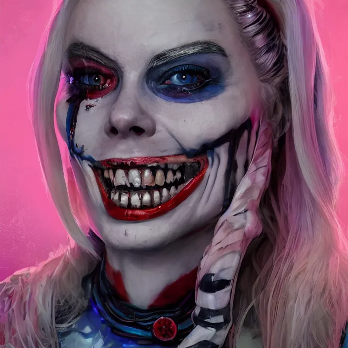 Prompt: portrait of Margot Robbie as a skeleton harley quinn. intricate abstract. intricate artwork. by Tooth Wu, wlop, beeple, dan mumford. octane render, trending on artstation, greg rutkowski very coherent symmetrical artwork. cinematic, hyper realism, high detail, octane render, 8k, iridescent accents