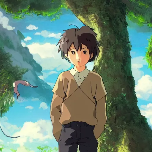 Image similar to friendly guy and small creature , with Fragile looking character portrait face made in Studio Ghibli artstyle ,highly detailed art, beautiful scene, sharp focus, smooth, 8k, anime art, fantasy, style in ghibli anime style, fantasy, island, forest, ghibli animal in 8k