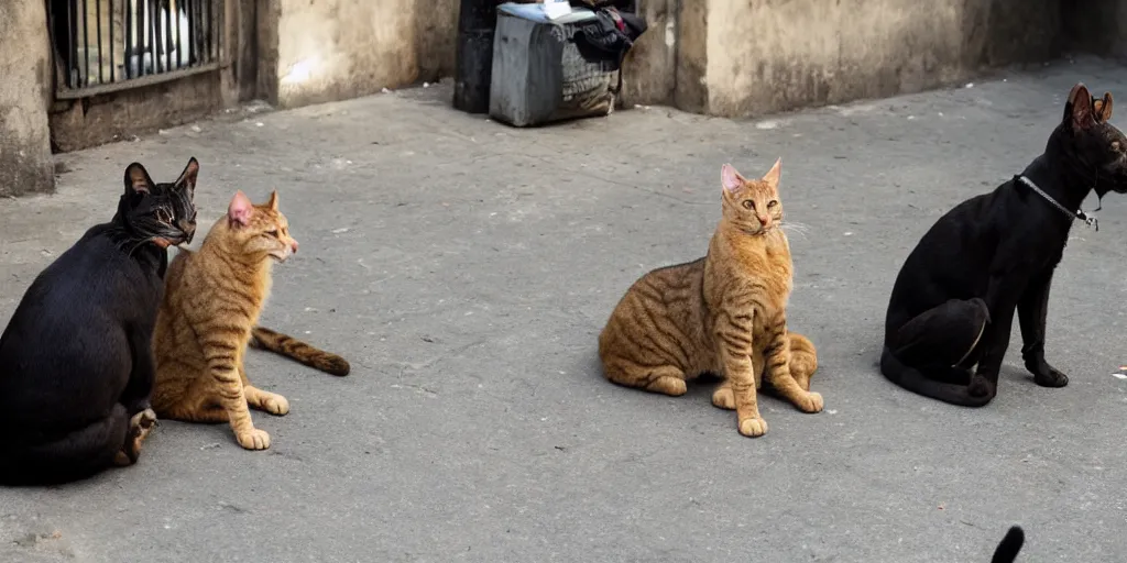 Image similar to photo evidence of a very serious joke being told by a single street cat to an opposing gang of street dogs