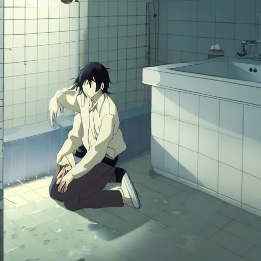 Image similar to bathroom, an old man falls on the floor,anime scenery by Makoto shinkai