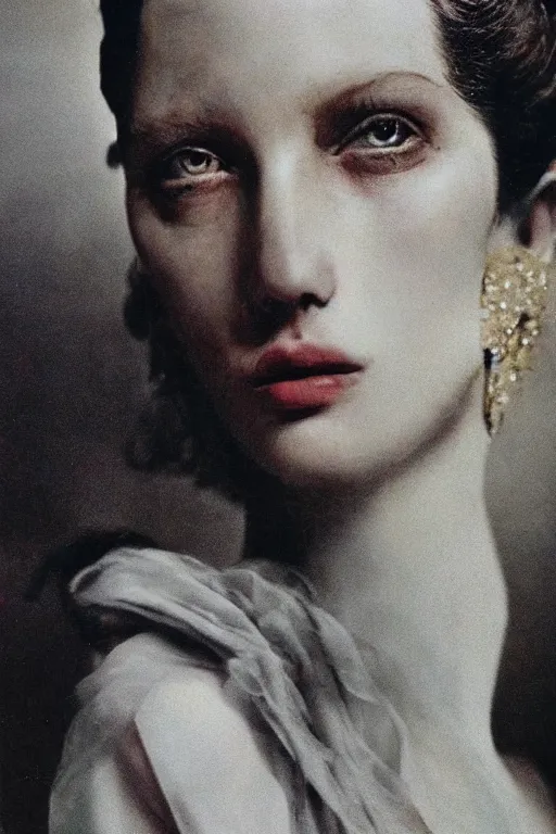 Image similar to hyperrealism fashion portrait close-up by Roversi photo from The Holy Mountain by Alejandro Jodorowsky in style of Francisco Goya