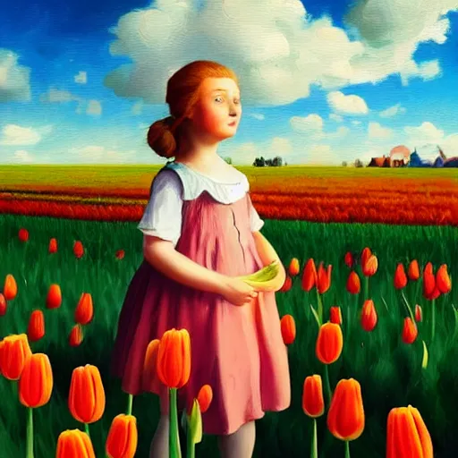 Prompt: dutch girl with singular giant tulip as a face, surreal photography, flower field, sunset dramatic light, impressionist painting, colorful clouds, blue sky, digital painting, artstation, simon stalenhag