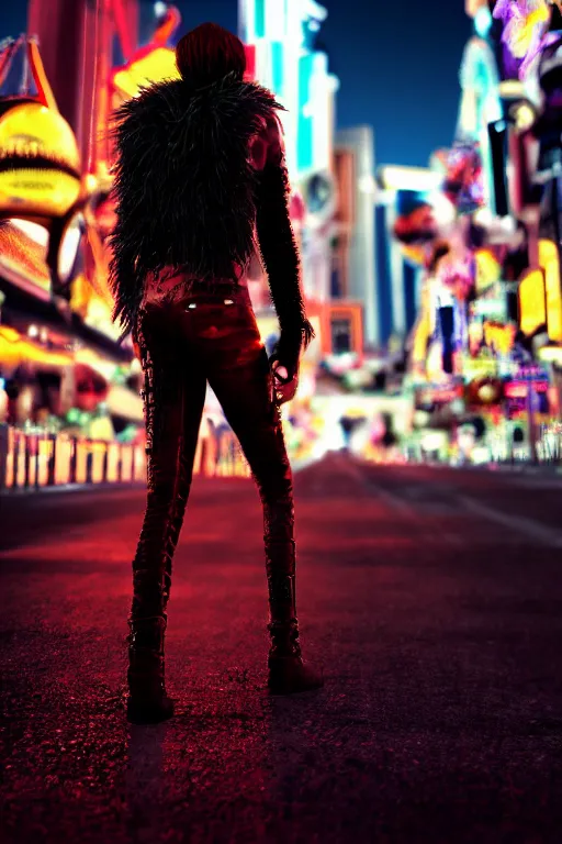 Image similar to full body portrait of a blood punk vampire, background of las vegas strip at night, cinematic, hyper realism, high detail, octane render, 8k, cgsociety