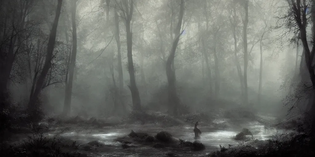 Prompt: [ a dark scene of a dense forest at dawn with a gentle stream through it, sunlight through trees, volumetric light and mist, fog, a dead fallen tree lays in the water, a sense of mystery ], andreas achenbach, artgerm, mikko lagerstedt, zack snyder, tokujin yoshioka