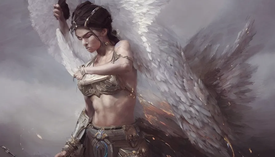 Image similar to A beautiful detailed painting of a female angel warrior reigns on a magical foresby greg rutkowski and Kalin Popov , Trending on artstation HD.