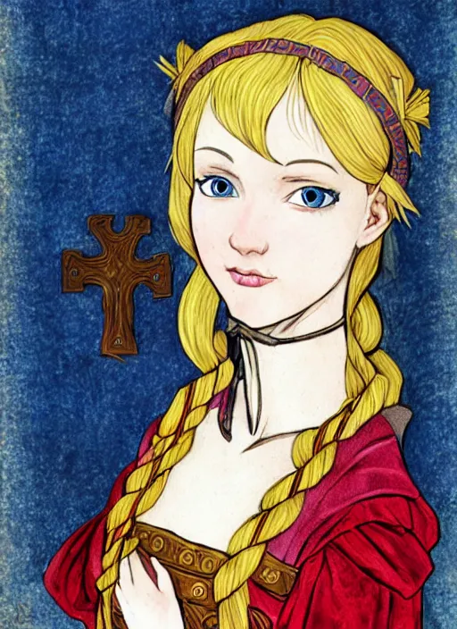 Image similar to young woman in medieval clothing, blue eyes and blond hair, a ribbon in her hair, art by ex machina,