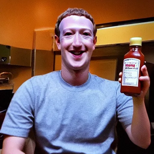 Image similar to “Mark Zuckerberg cuddling with a bottle of sweet baby rays bbq sauce”