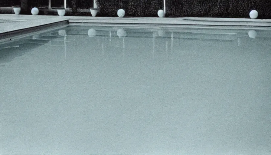 Image similar to 1 9 6 0 s movie still of an empty light yellow tiles swimmingpool, low quality, liminal space style