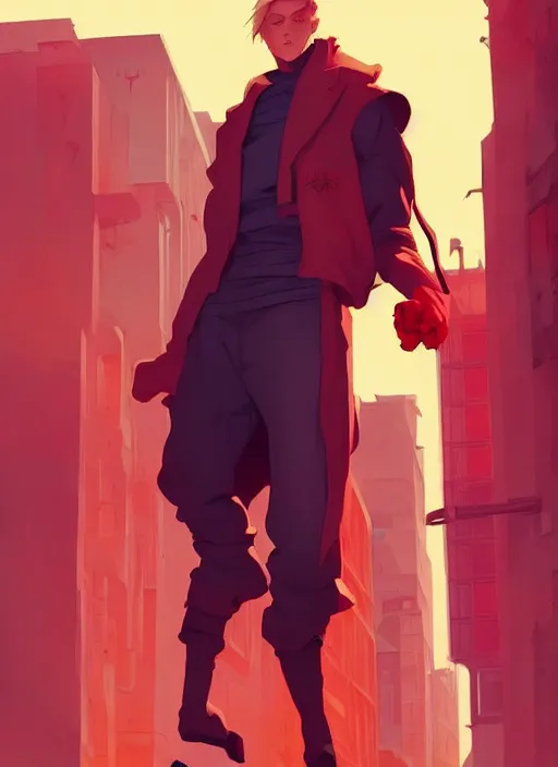 Prompt: young blonde beautiful male boy assassin wearing red walking on city street, heroic, glorious, in the style of artgerm, gerald brom, atey ghailan and mike mignola, vibrant colors and hard shadows and strong rim light, plain background, comic cover art, trending on artstation