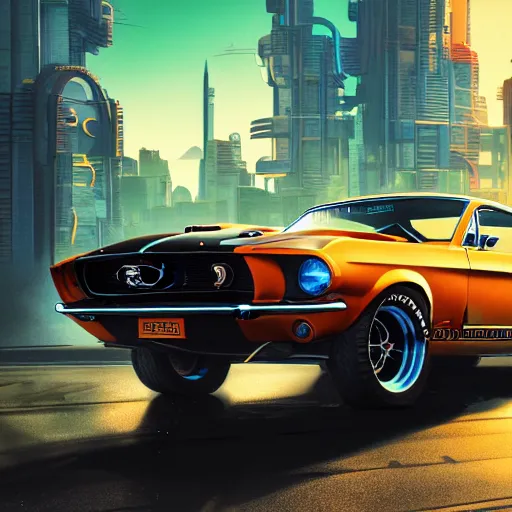 Image similar to a detailed render of a cyberpunk 1 9 6 7 ford mustang fastback, vector art, by dan mumford, yusuke murata, makoto shinkai, ross tran, cosmic, heavenly, god rays, intricate detail, cinematic, 8 k, cel shaded, unreal engine, featured on artstation, pixiv