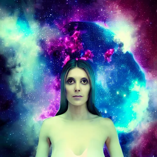 Image similar to transparent interdimensional woman made of nebula in space with hubble background, vray, 5 5 mm