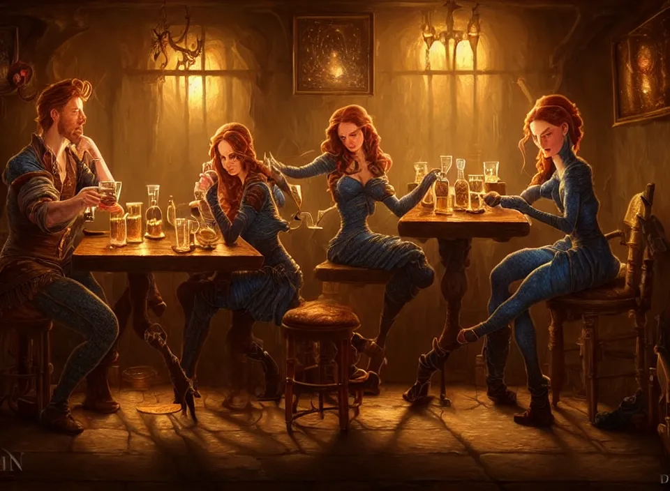 Prompt: a beautiful classy drinking couple, dimly-lit cozy tavern, relaxed pose, fantasy art, detailed painterly digital art style by Arthur Adams, d&d vibe, 🍸, 8k octane beautifully detailed render, post-processing, extremely hyperdetailed, intricate, epic composition, grim yet sparkling atmosphere, cinematic lighting + masterpiece, trending on artstation, very detailed, vibrant colors