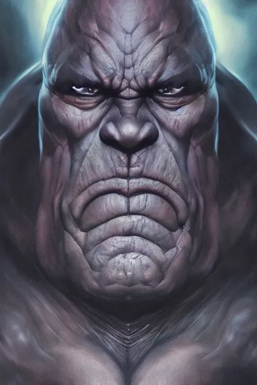 Image similar to characters portrait of Darkseid mixed with Thanos by Alyssa Monks, full-shot, merged character, Full body shot, cinematic opening shot, 4k, highly detailed, cinematic lighting