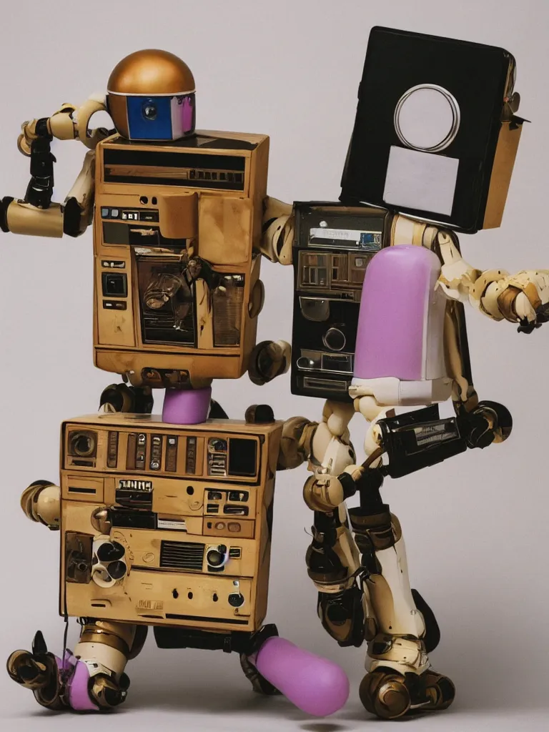 Prompt: an earth - tone robot with a ghettoblaster boombox for a head, wooden body, sleek, surreal, cool, retro, 1 9 9 0 s vibe, country road, one purple balloon