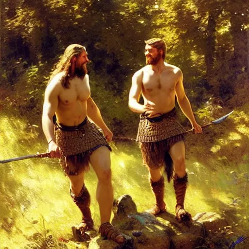 Image similar to 2 attractive male vikings frolicking in the forest. highly detailed painting by gaston bussiere, craig mullins, j. c. leyendecker, 8 k