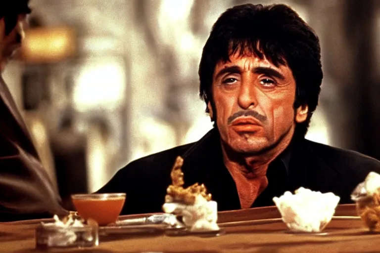 Image similar to tony montana from movie scarface 1 9 8 3 sitting behind a big black oak table with big large packages of flour. al pacino. perfect symmetric face, coherent eyes, ron cobb, fine details, 4 k. last scene from scarface movie, bokeh