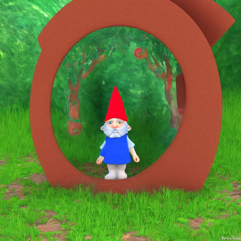 Prompt: gnome wearing backpack, standing in front of a circular portal, open to a red world. in the style of Dr. Suess