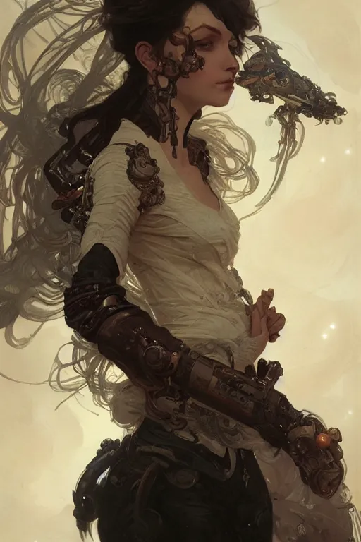 Image similar to A full portrait of a space pirate, intricate, elegant, highly detailed, digital painting, artstation, concept art, smooth, sharp focus, illustration, art by Krenz Cushart and Artem Demura and alphonse mucha