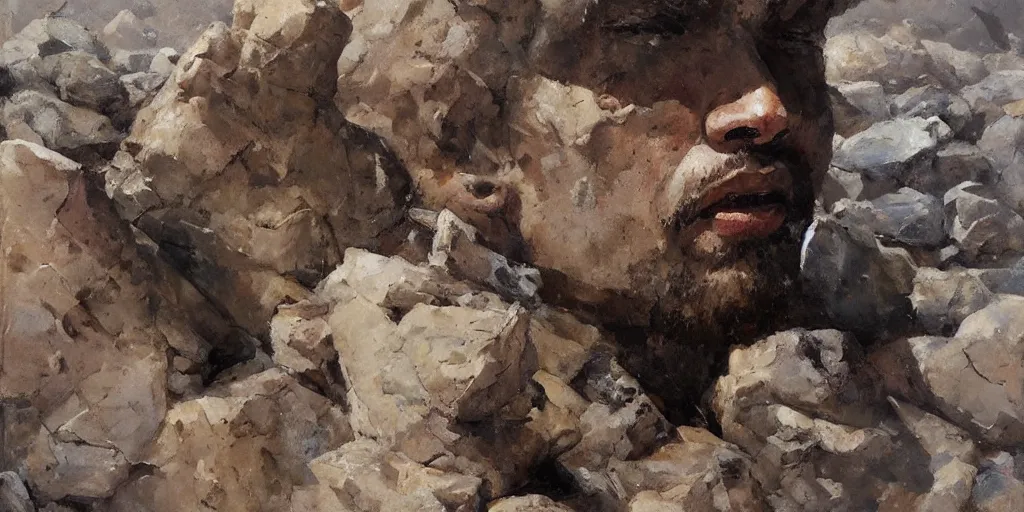 Prompt: highly detailed painting of a men made of rocks, big rocks, sharp focus, dramatic scene, aesthetic, dynamic lighting, elegant, harmony, masterpiece, by kent williams, by roberto ferri, high quality