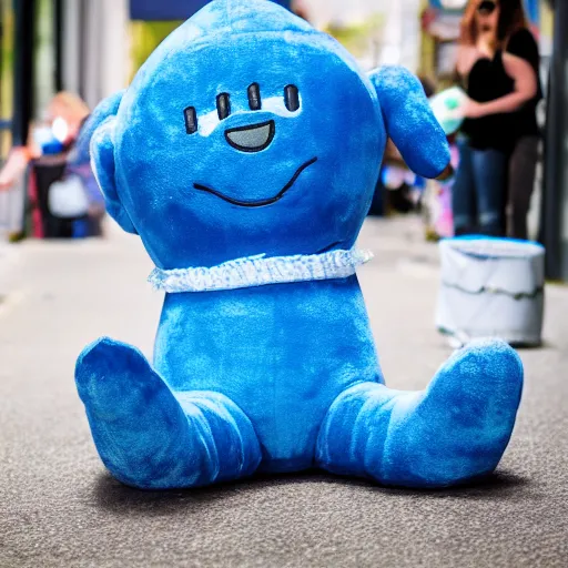 Image similar to blue'snappy gifts'human - sized plush doll, on sidewalk, holding gift, happy atmosphere, high detail, soft lighting, 8 k