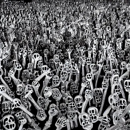 Image similar to photo, a giant crowd of silvery shiny reflective black latex claymation skeletons dancing inside an underground ussr night club