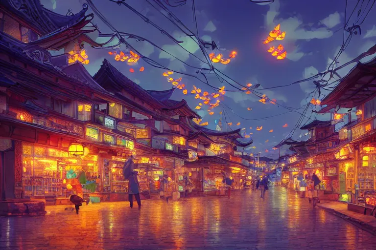 Image similar to fantasy art of a japan town at night, filled with glowing paper goldfish, by makoto shinkai, highly detailed digital art, trending on artstation