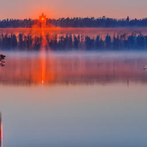 Image similar to 4k UHD photograph sunrise reflected from lake with trees on distant shore and a sailboat