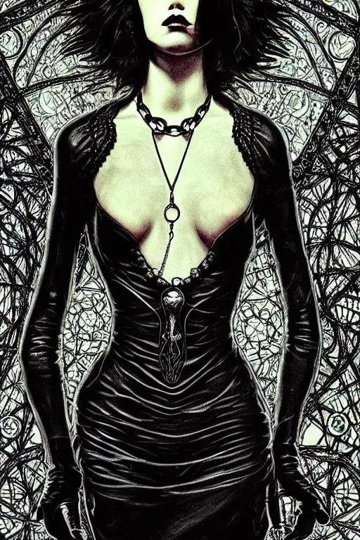 Prompt: dreamy gothic girl, black leather slim clothes, chains, art nouveau, beautiful body, detailed acrylic, grunge, intricate complexity, by dan mumford and by alberto giacometti, peter lindbergh