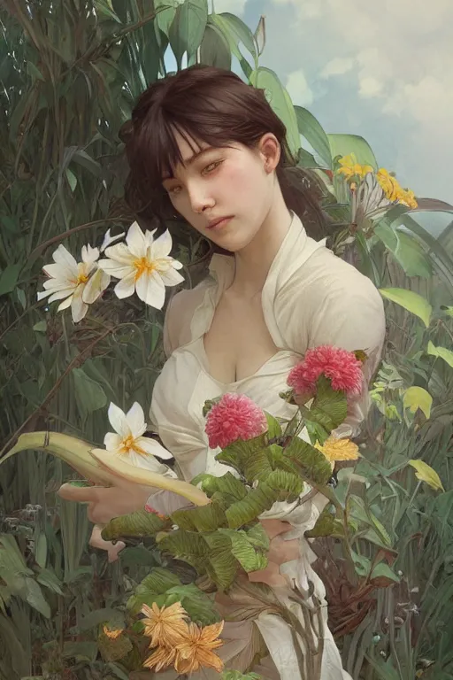 Prompt: ultra realistic illustration, banana plants drawing and flowers, japanese's art style, elegant, highly detailed, digital painting, concept art, smooth, sharp focus, illustration, art by greg rutkowski and alphonse mucha