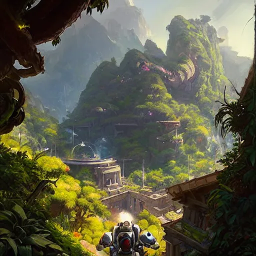 Prompt: worm's eye view of overwatch headquarters carved inside a mountain above a lush garden, neatly trimmed vegetation, magical, natural light, fantasy, sharp focus, concept art, by greg rutkowski and craig mullins, cozy atmospheric