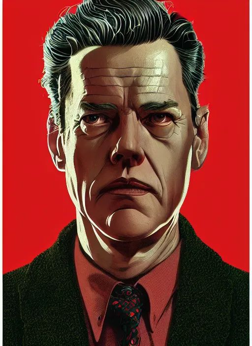 Prompt: twin peaks poster artwork by michael whelan and tomer hanuka, rendering of close up portrait, snake scale pattern on sweater vest, full of details, by makoto shinkai and thomas kinkade, matte painting, trending on artstation and unreal engine