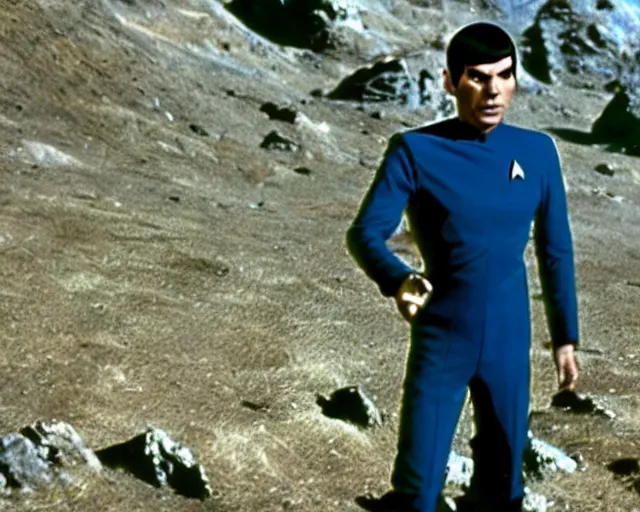 Prompt: film still from star trek, spock on an alien planet, 1 9 6 8