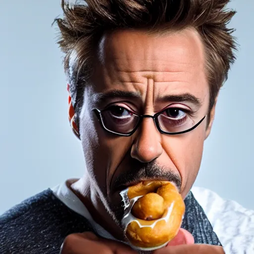 Image similar to Robert Downy Jr. eating a donut, 4k