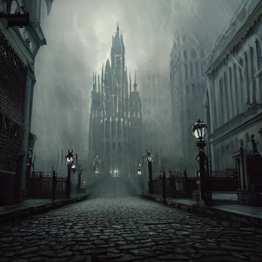 Prompt: haunted gothic horror lovecraftian city, swirling smoke and mist, ultrarealistic, intricate detail, finely detailed, small details, extra detail, high resolution, volumetric lighting, octane render, 8 k