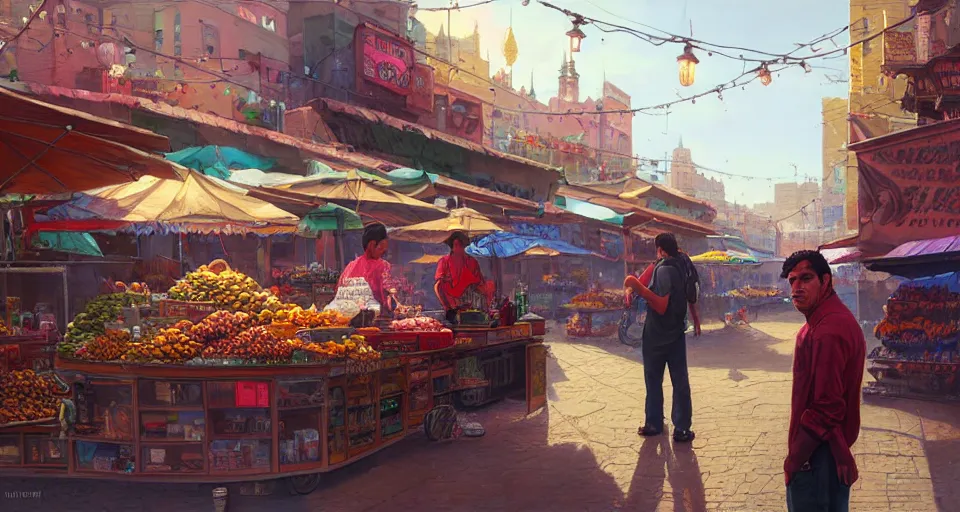 Image similar to highly detailed portrait young man mexican vendor in gta v, street market, happy ambience, stephen bliss, unreal engine, fantasy art by greg rutkowski, loish, rhads, ferdinand knab, makoto shinkai and lois van baarle, ilya kuvshinov, rossdraws, tom bagshaw, global illumination, detailed and intricate environment