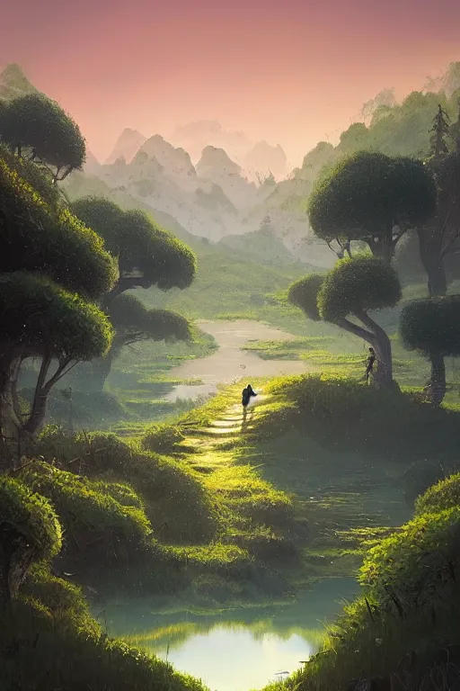 Image similar to beautiful matte painting by goro fujita concept empty world art fantasy path mountains and meadow in the background near a lake reflecting the trees, atmospheric lighting, painted, intricate, volumetric lighting, beautiful, rich deep colors masterpiece, sharp focus, ultra detailed by