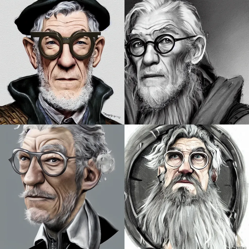 Prompt: Ian McKellen with grey goatee and scissors glasses, as a depressed alchemist, fantasy concept art by terry wei, OWL Studio and J.Dickenson, trending on Artstation, Pinterest, inspired by The Witcher series