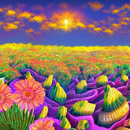 Image similar to a desert full of fragrant flowers, award winning digital art