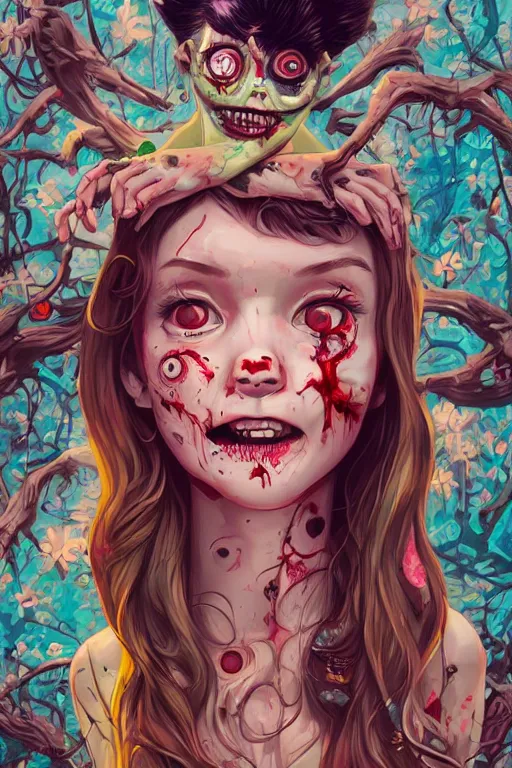 Prompt: a zombie girl smiling cute, Tristan Eaton, victo ngai, artgerm, RHADS, ross draws