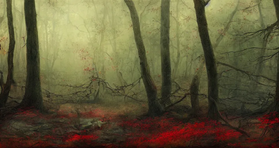 Image similar to an old broken ship in an autumn forest, green and red tones, by Aron Wiesenfeld and beksincki, cinematic, detailed illustration, nature, fog, dark colors, suspense, intricate, 8k