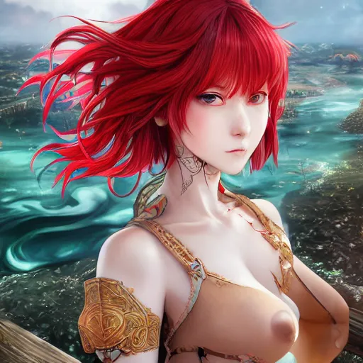 Image similar to a red haired female knight as an absurdly beautiful, elegant, young sensual anime girl, river in background, ultrafine hyperrealistic detailed face illustration by kim jung gi, irakli nadar, intricate linework, sharp focus, bright colors, matte, octopath traveler, final fantasy, unreal engine highly rendered, global illumination, radiant light, intricate environment