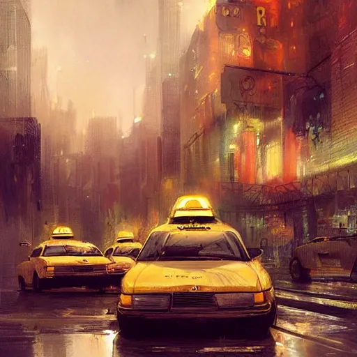 Image similar to a couple of taxis waiting for gas by greg rutkowski