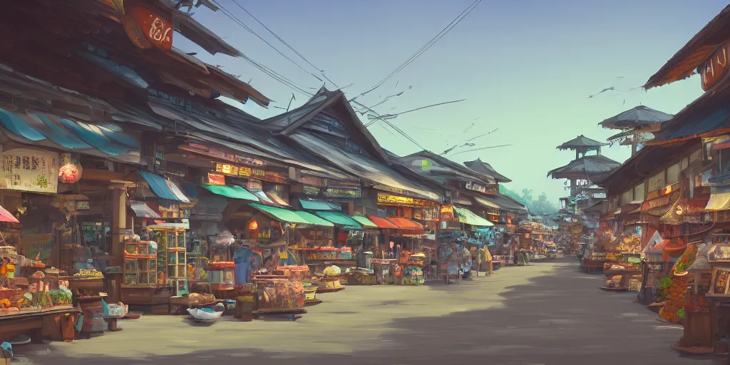 Image similar to shops at pulau indah town, early morning, detailed matte painting, low angle view, telephoto lens, bokeh, studio ghibli, artstation